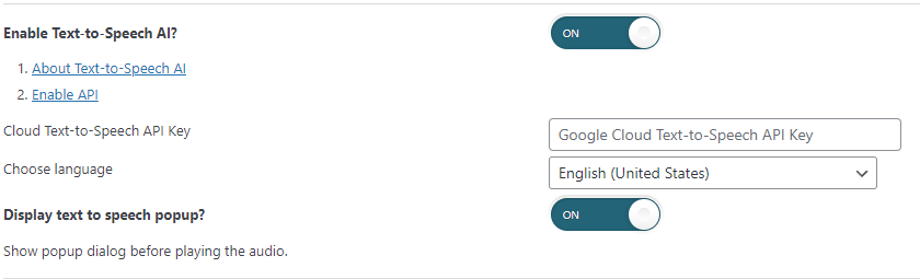 WAH Pro TTS settings screen